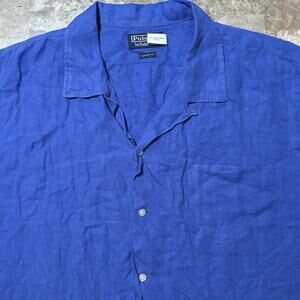 Polo Ralph Lauren Shirt Mens 2XL Blue Camp Loop Collar 100% Linen Short Sleeve